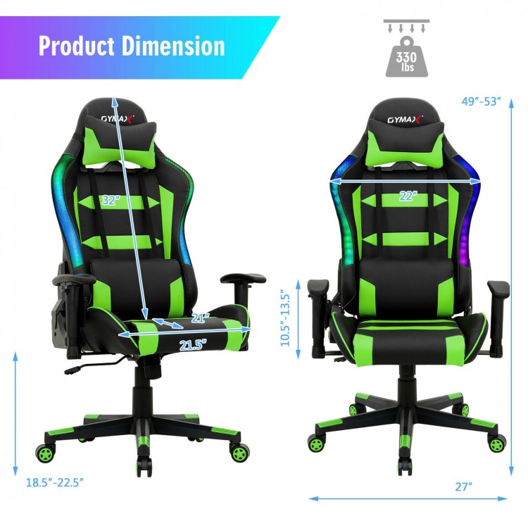 Adjustable swivel gaming chair in green with RGB lights, ergonomic design, and dimensions for optimal comfort and.