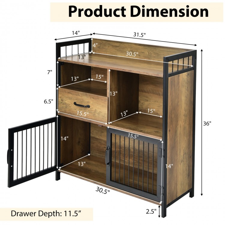 Buffet server sideboard in rustic brown with steel doors, featuring a drawer and multiple storage compartments for.