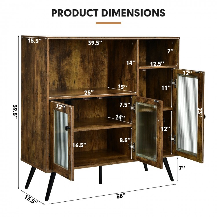 Buffet kitchen storage cupboard in rustic brown with glass doors, adjustable shelves, and industrial style dimensions.
