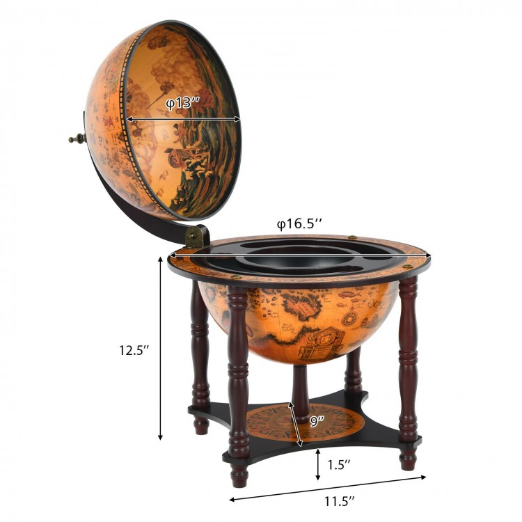 Globe wine bar stand in brown with storage for 3 bottles and glasses, perfect for dining or living room use.