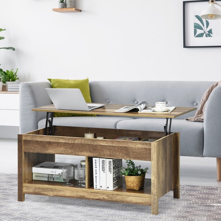 Lift top coffee table in natural finish with hidden storage and lower shelf, ideal for study room or living space.