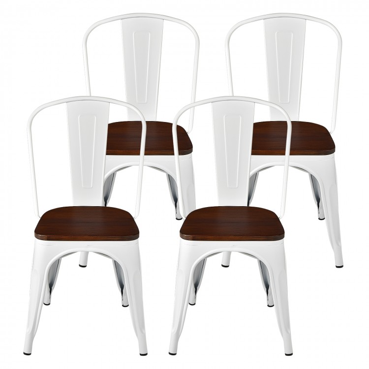 Set of 4 Tolix style metal dining chairs with white frame and elm wood seat, ideal for kitchen or cafe use.