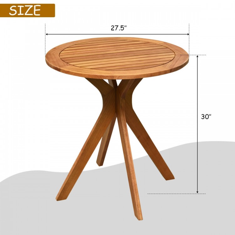 Round solid wood coffee side bistro table with X-shaped legs, 27.5 inches wide, ideal for outdoor and indoor use.