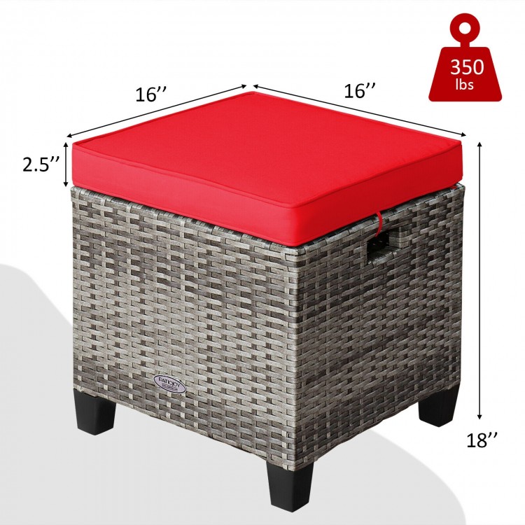 Red cushioned patio rattan ottoman with durable PE rattan and steel frame, ideal for outdoor use in gardens or.