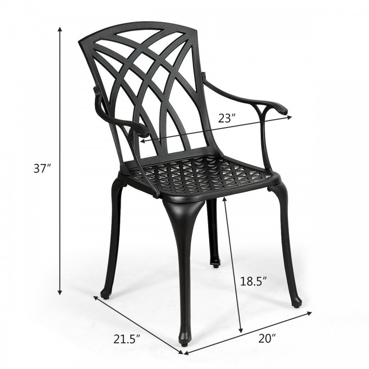 Durable aluminum dining chair with ergonomic armrests and hollow out design, ideal for outdoor balcony or garden use.