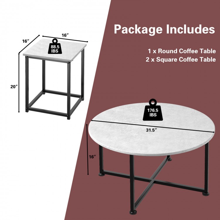 Round and square coffee tables from a 3-piece modern faux marble set, featuring a sturdy X-shaped steel base for.