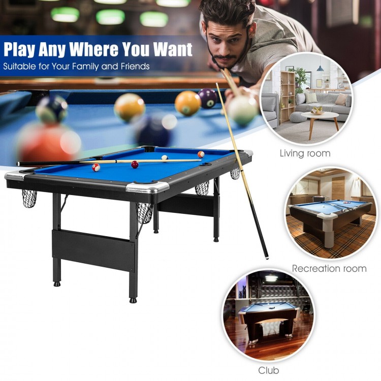 6 feet foldable billiard pool table in blue, featuring a smooth felt surface and sturdy steel legs for stability.