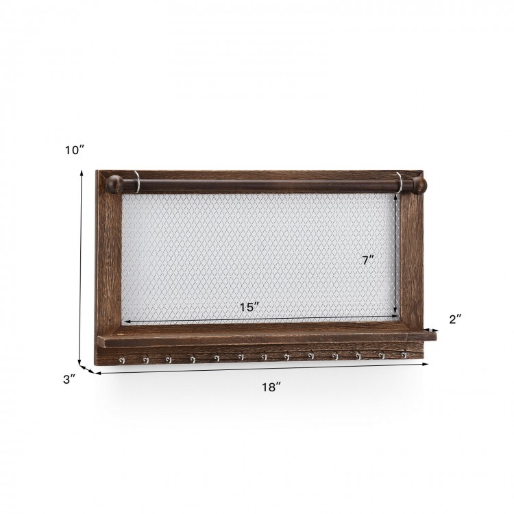Wall mounted jewelry rack made of pine wood with metal hooks, featuring iron mesh for organizing necklaces and.