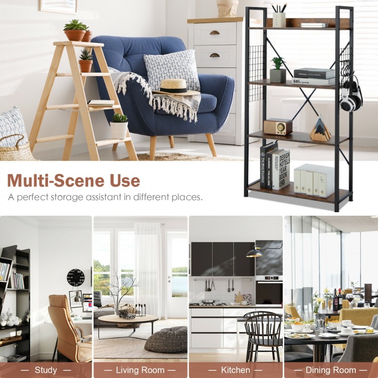 Industrial 4-tier bookshelf in rustic brown with adjustable shelves and hooks, ideal for versatile storage in any room.