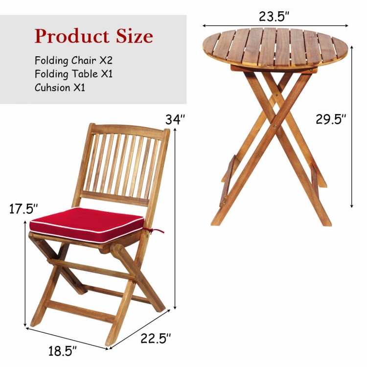 Folding wooden bistro set featuring two cushioned chairs and a round table, made of solid acacia wood for outdoor use.