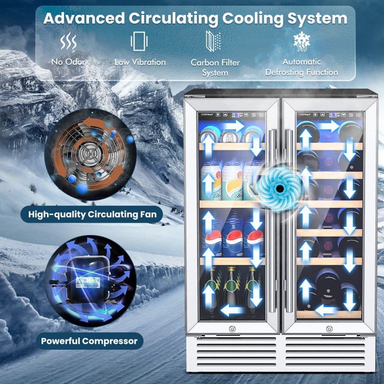 24-inch dual zone wine and beverage cooler with digital control, holding 18 bottles and 57 cans, featuring a cooling.