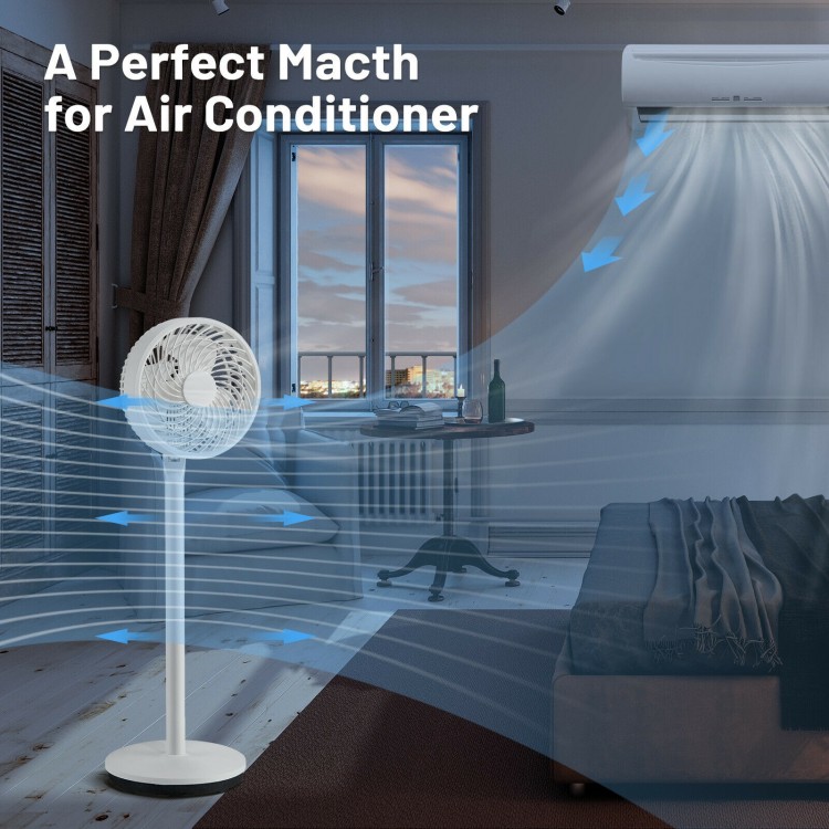 9-inch portable oscillating pedestal fan in white with adjustable height and 3 speeds for effective air circulation.