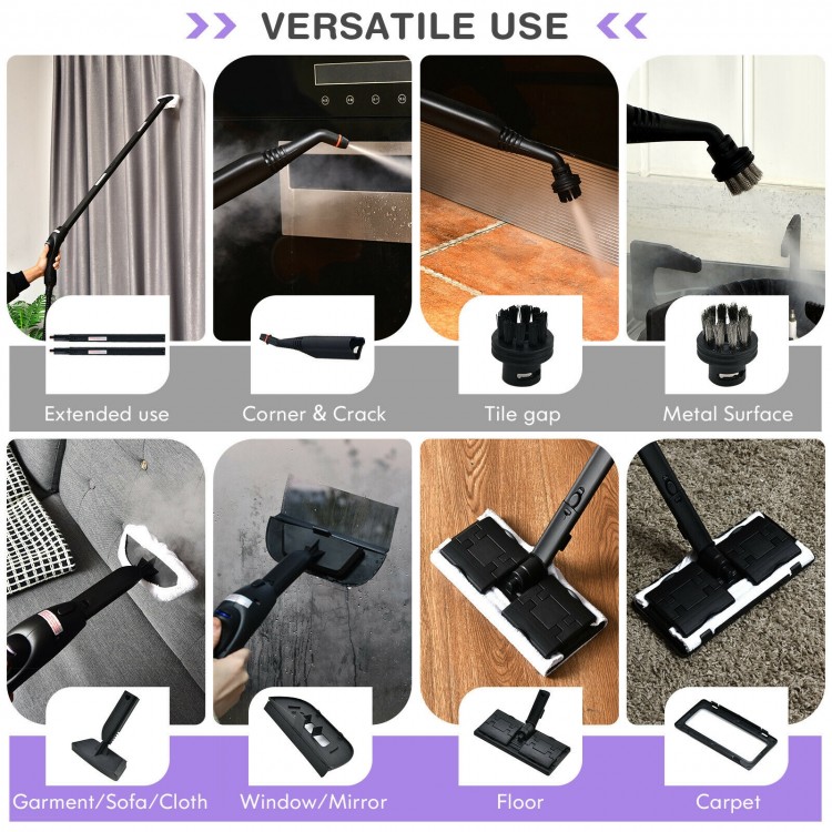 Versatile steam cleaner accessories for deep cleaning floors, windows, and appliances, featuring adjustable steam.