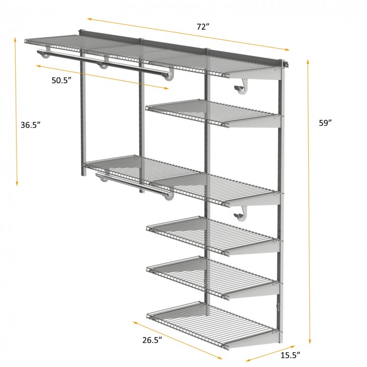 Adjustable closet organizer kit in gray with shelves and hanging rods, designed for 4 to 6 ft wide closets.