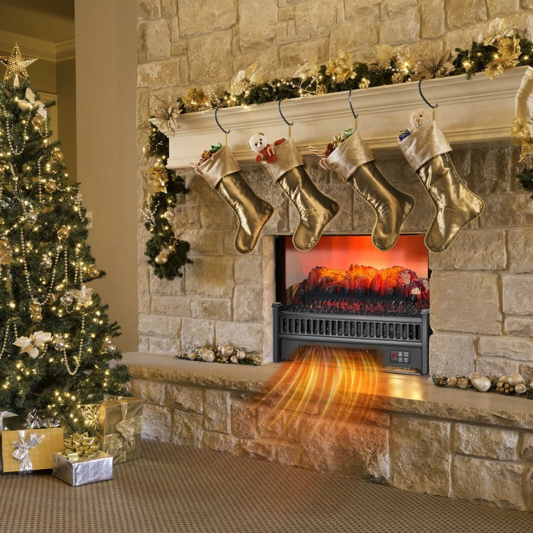 Cozy living room scene featuring a 23" electric fireplace log heater with stockings and a Christmas tree for festive.