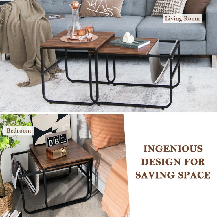 Nesting coffee tables in rustic brown with side pocket, perfect for small spaces in living room or bedroom.
