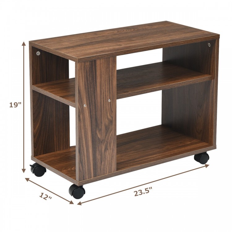 Multifunctional 3-tier side table with wheels, made of particle board, featuring ample storage for books and remote.
