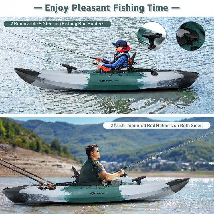 Sit-on-top fishing kayak in gray with removable rod holders and padded seat, ideal for fishing and enjoying scenic.