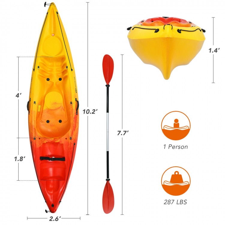 Single sit-on-top kayak in yellow with detachable aluminum paddle, designed for fishing and leisure activities.