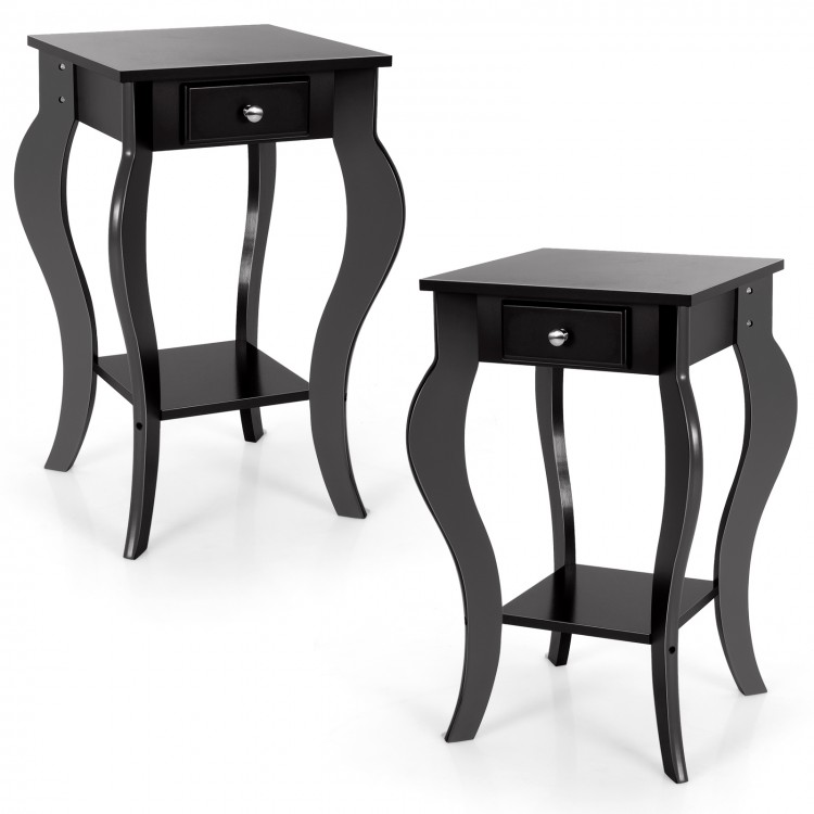 Elegant black 2-tier end table with drawer and shelf, featuring streamlined legs, perfect for living room or bedroom.