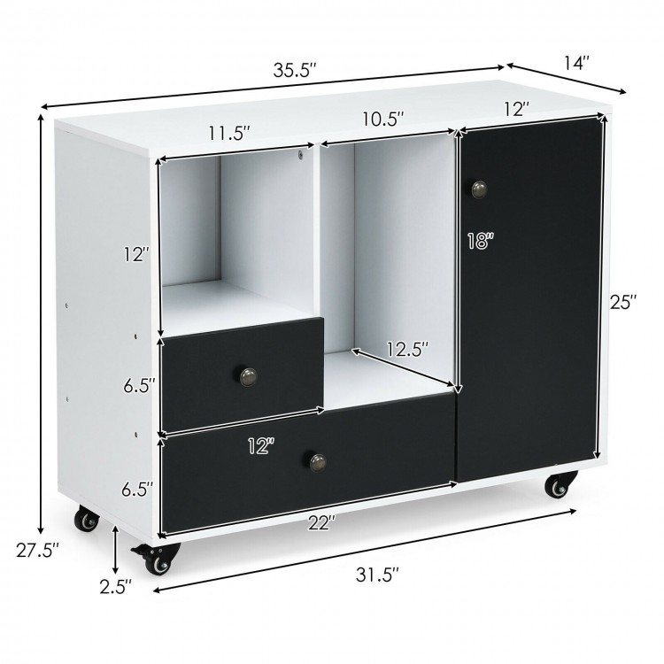 Lateral mobile filing cabinet in black and white with 2 drawers, 2 open shelves, and rolling casters for easy mobility.