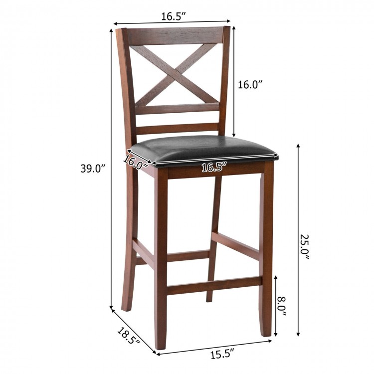 Bar stool with PU leather seat and ergonomic backrest, 25-inch height, ideal for kitchen or dining room use.