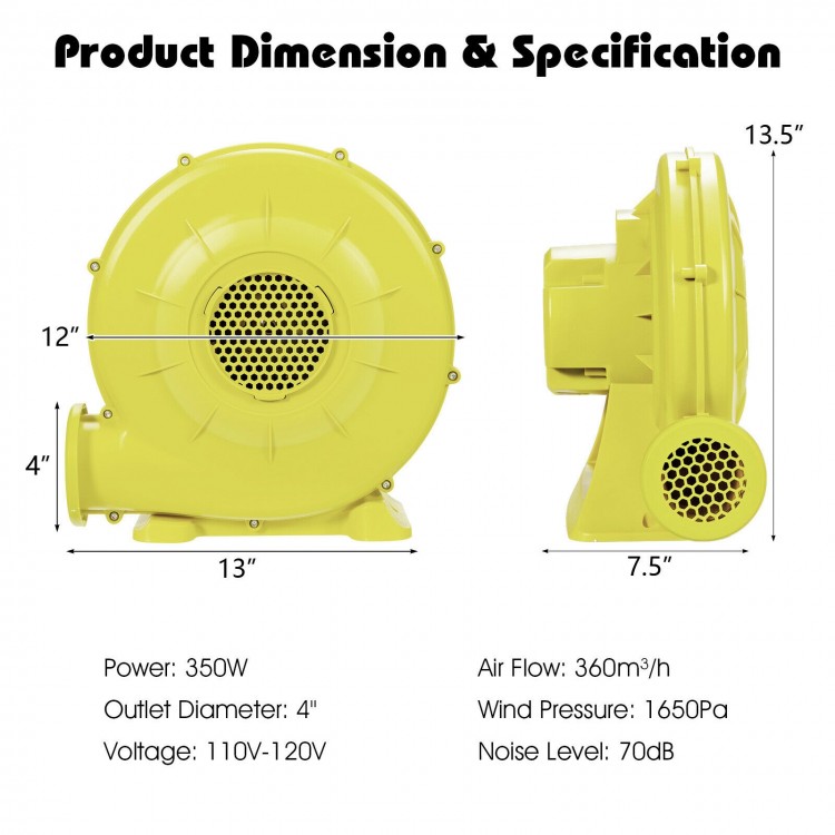 Yellow 350W air blower pump fan with 4" outlet, designed for inflating bounce houses and water slides, compact and.