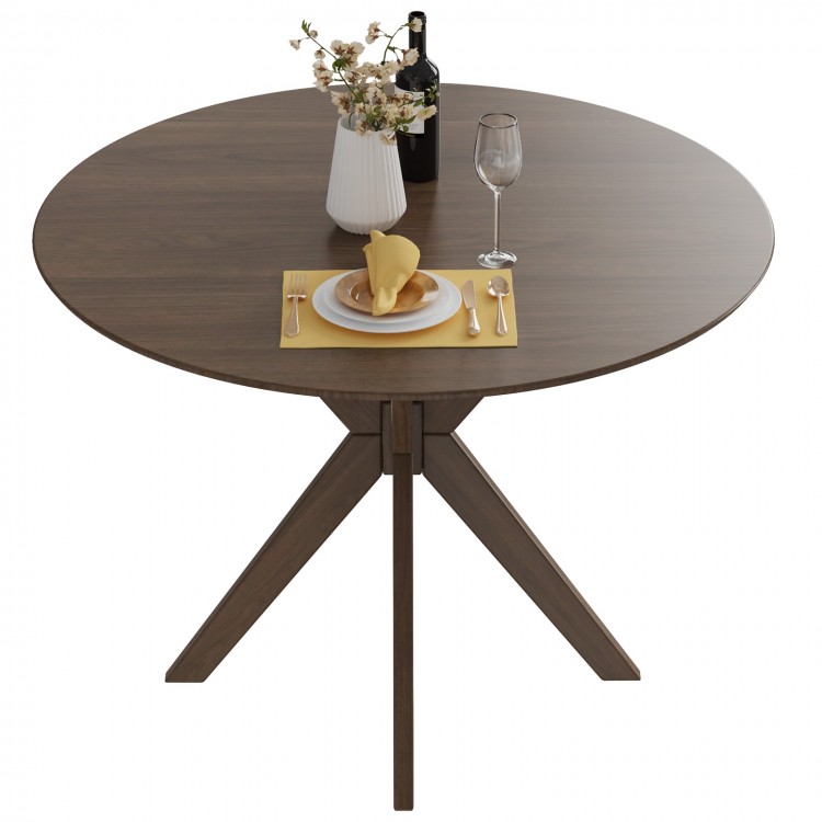 Round 36-inch wood dining table with intersecting pedestal base, ideal for family gatherings and versatile decor.