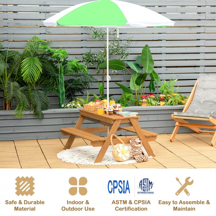 Kids outdoor picnic table with green umbrella, made of durable fir wood, perfect for sand and water play in the yard.