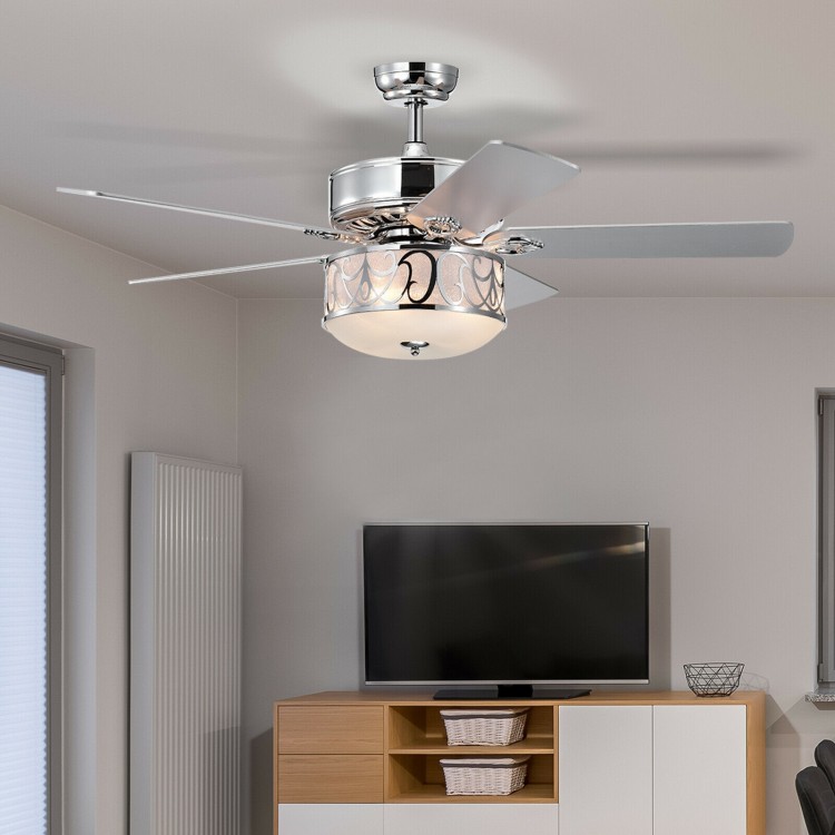 52-inch silver ceiling fan with light, 5 reversible blades, and remote control for elegant airflow in any room.