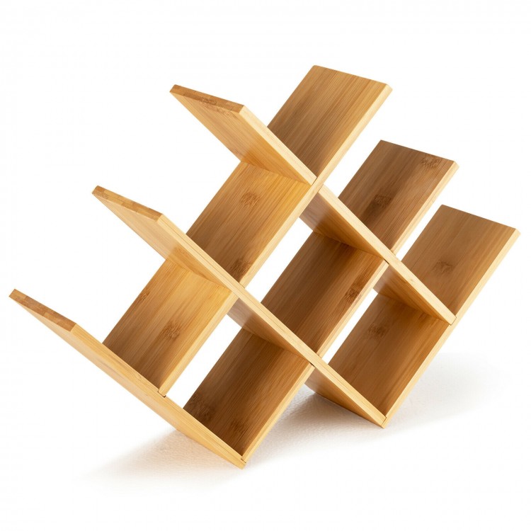 Freestanding bamboo wine rack holding 8 bottles, featuring a butterfly shape and compact design for easy access.