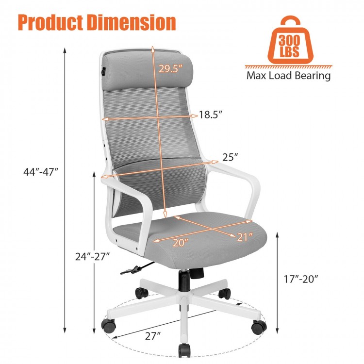 Adjustable mesh office chair in gray with heating support headrest, lumbar support, and dimensions for optimal comfort.