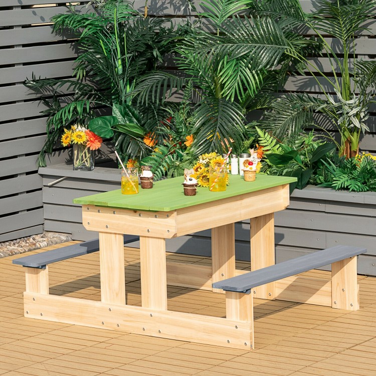 3-in-1 outdoor wooden kids picnic table with detachable sand and water boxes, perfect for backyard play and gatherings.