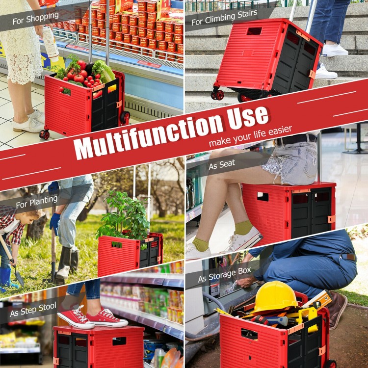 Foldable utility cart in red, designed for shopping and travel, features tri-wheels for climbing stairs and adjustable.