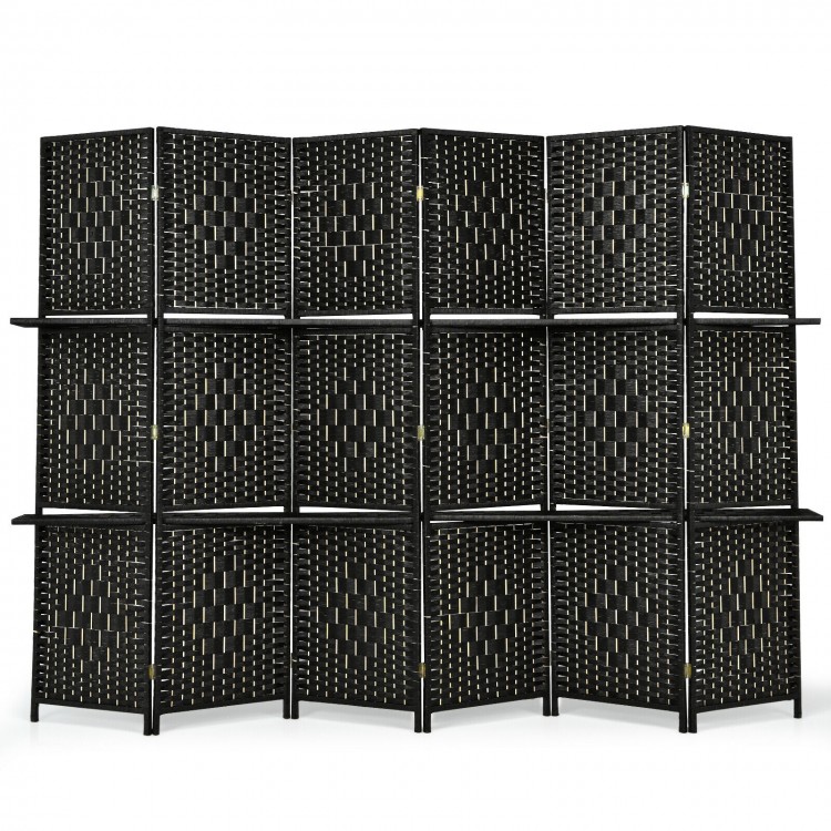 6 panel folding room divider in black with hand-woven fiber design and 2 display shelves for versatile home use.