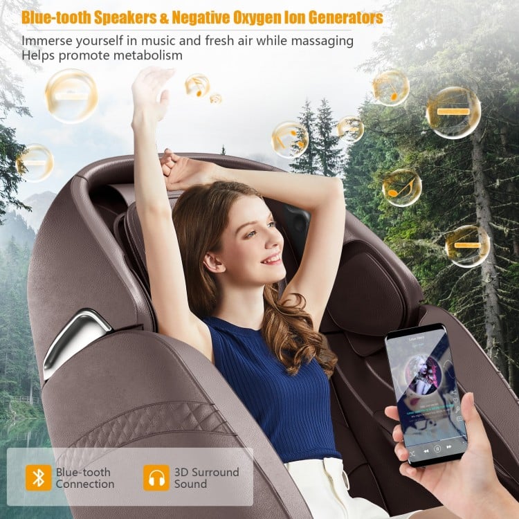 Electric zero gravity massage chair in brown with Bluetooth speakers and oxygen ion generators for enhanced relaxation.