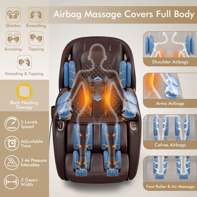 Full body air massage chair in brown with heating, featuring shoulder and calf airbags for ultimate relaxation.