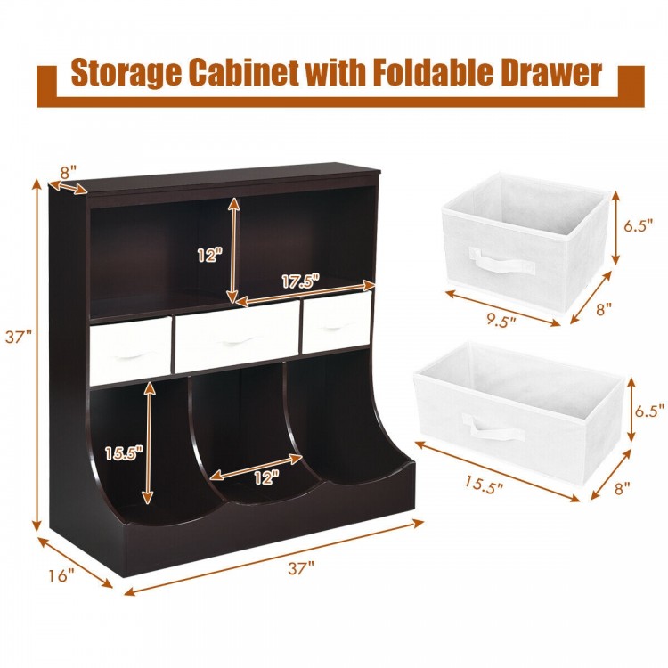 Freestanding brown storage cabinet with three non-woven drawers and two open shelves for versatile organization.