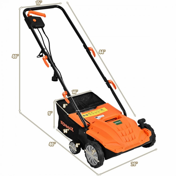 Electric scarifier with a 12 Amp motor, 14-inch width, and collection bag for efficient lawn care and debris removal.