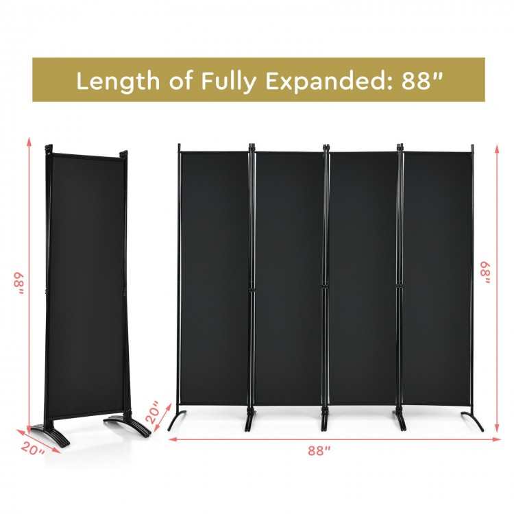 4-panel black room divider with steel frame, fully expanded to 88 inches, ideal for indoor and outdoor privacy.