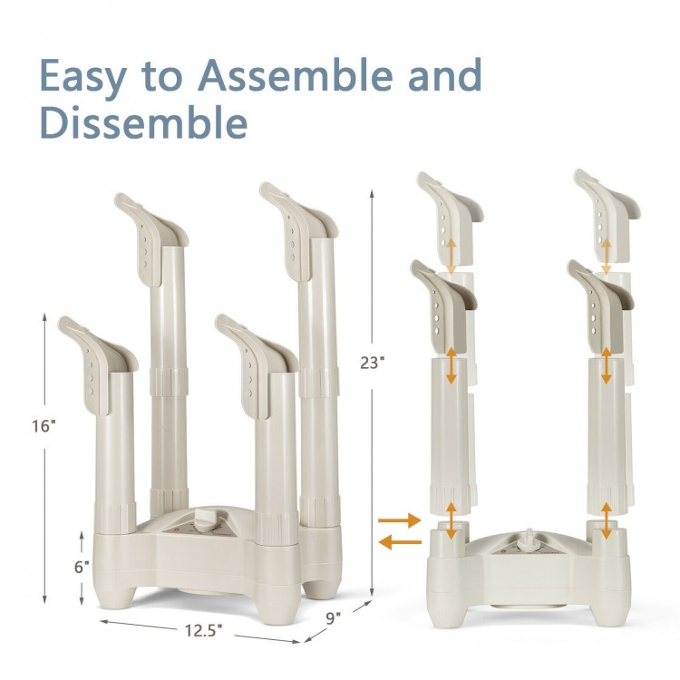 Electric shoe and boot dryer with four brackets, adjustable height, and timer for convenient drying of multiple shoes.