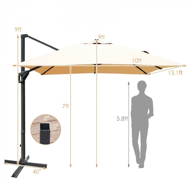Beige cantilever umbrella with 360° rotation and 4-level tilt, showcasing dimensions for optimal outdoor shading.