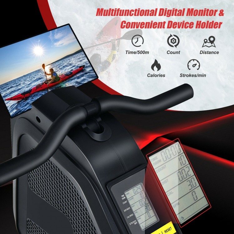 Folding magnetic rowing machine with digital monitor, adjustable resistance, and ergonomic seat for full-body workouts.