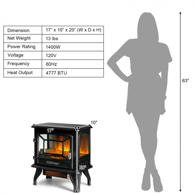 Freestanding black electric fireplace heater with realistic flame effect, adjustable thermostat, and compact design for.