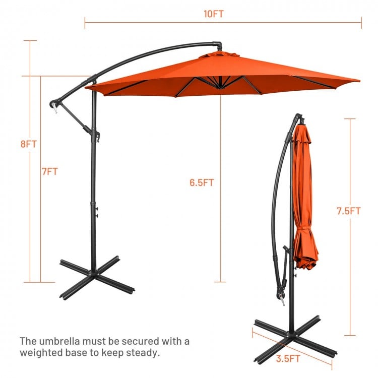 10FT offset umbrella in orange with 8 iron ribs and cross base, featuring tilt adjustment for customizable shade.