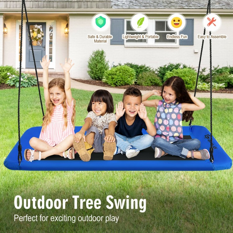 Giant blue platform tree swing with adjustable height, made of durable oxford cloth and metal frame, for outdoor fun.