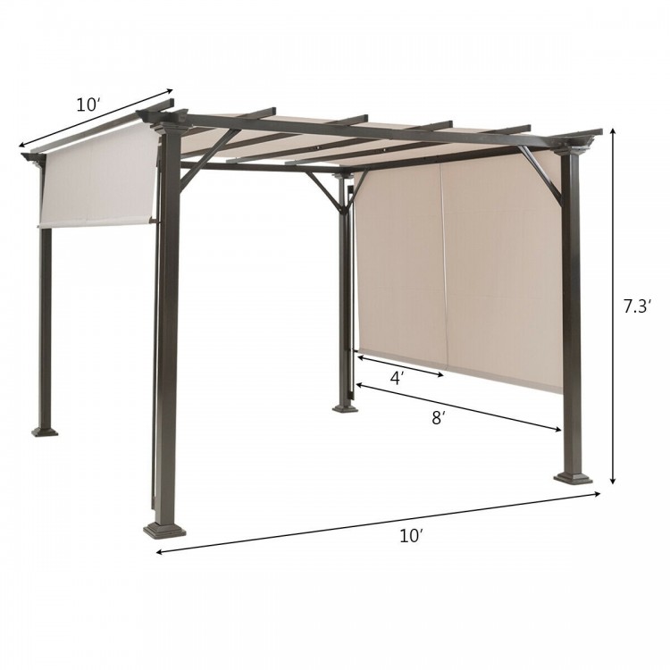 10x10 feet metal frame patio shelter with beige polyester canopy, adjustable sides, ideal for outdoor gatherings and.