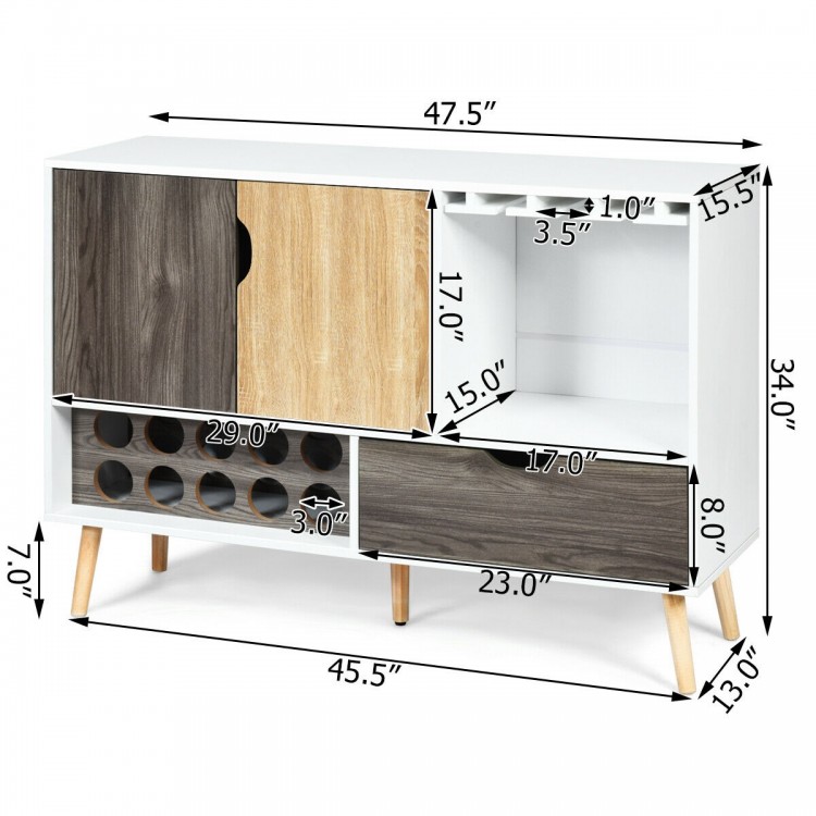 Mid-century buffet sideboard in white and wood finish, featuring wine rack, adjustable shelf, and large drawer for.