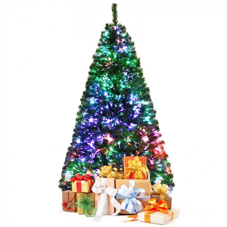 6 feet pre-lit fiber optic artificial Christmas tree with colorful lights and presents for festive holiday decor.