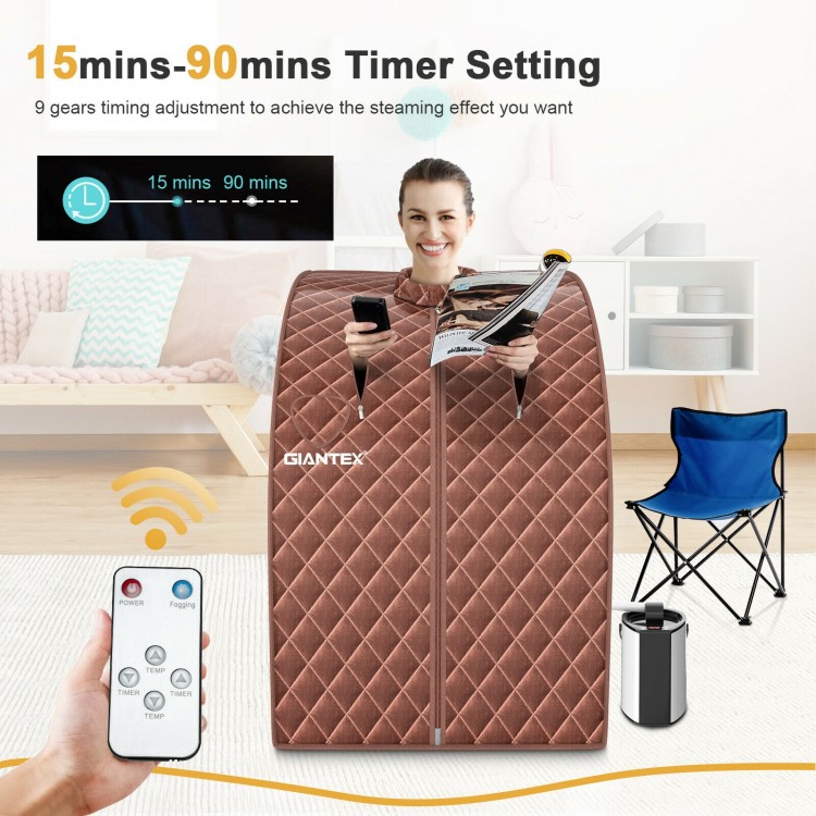 Portable personal steam sauna tent with waterproof fabric, 3L steamer, and folding chair for home health care.